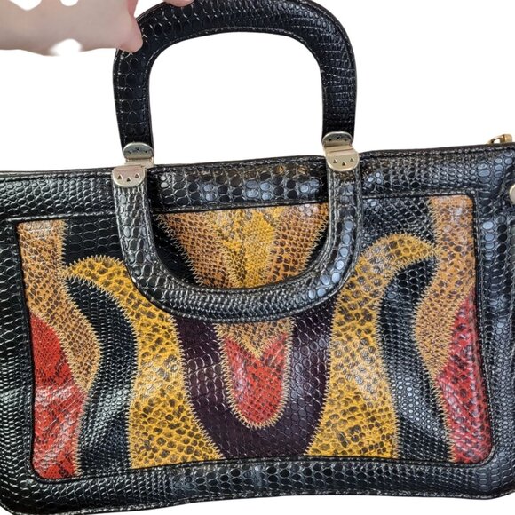 Vintage 80s Leather Satchel Bag Handle Large Purse Handbag Women Black Red Snake - Picture 8 of 16